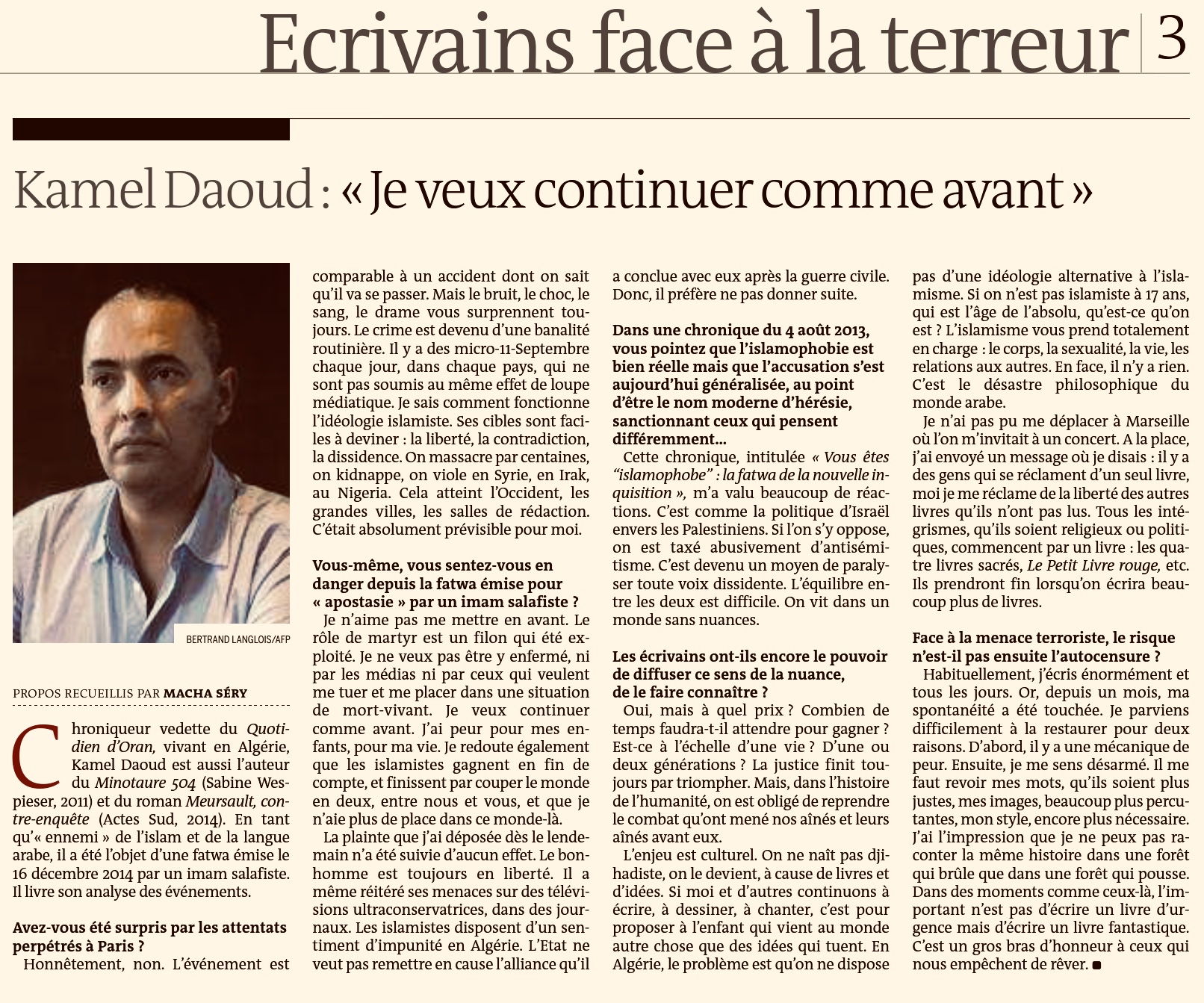 Kamel Daoud : « Je veux continuer comme avant »